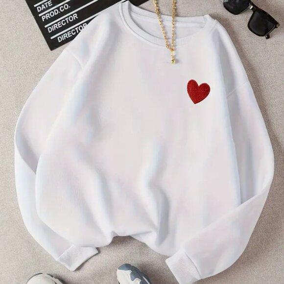 Callie Lives Tops - Callie Lives Red Heart on My Chest White Crew Neck Loose Fit Pullover Sweatshirt